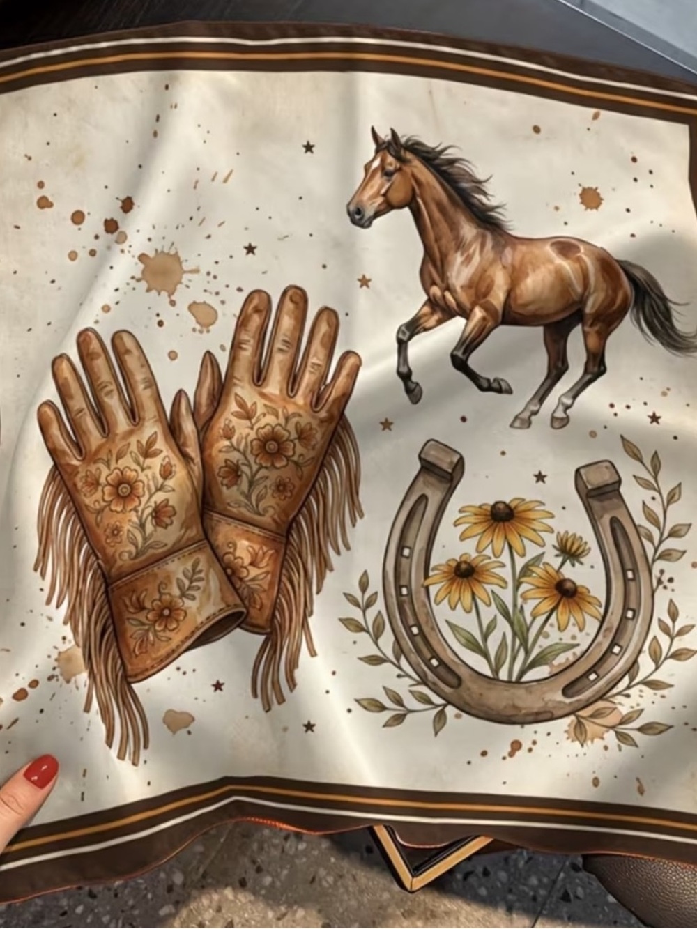 Western Horse & Horseshoe Print Scarf - Brown & Cream